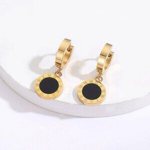 Stainless Steel Roman Numeral Edges Circle Dangle Hoop Earrings NWT